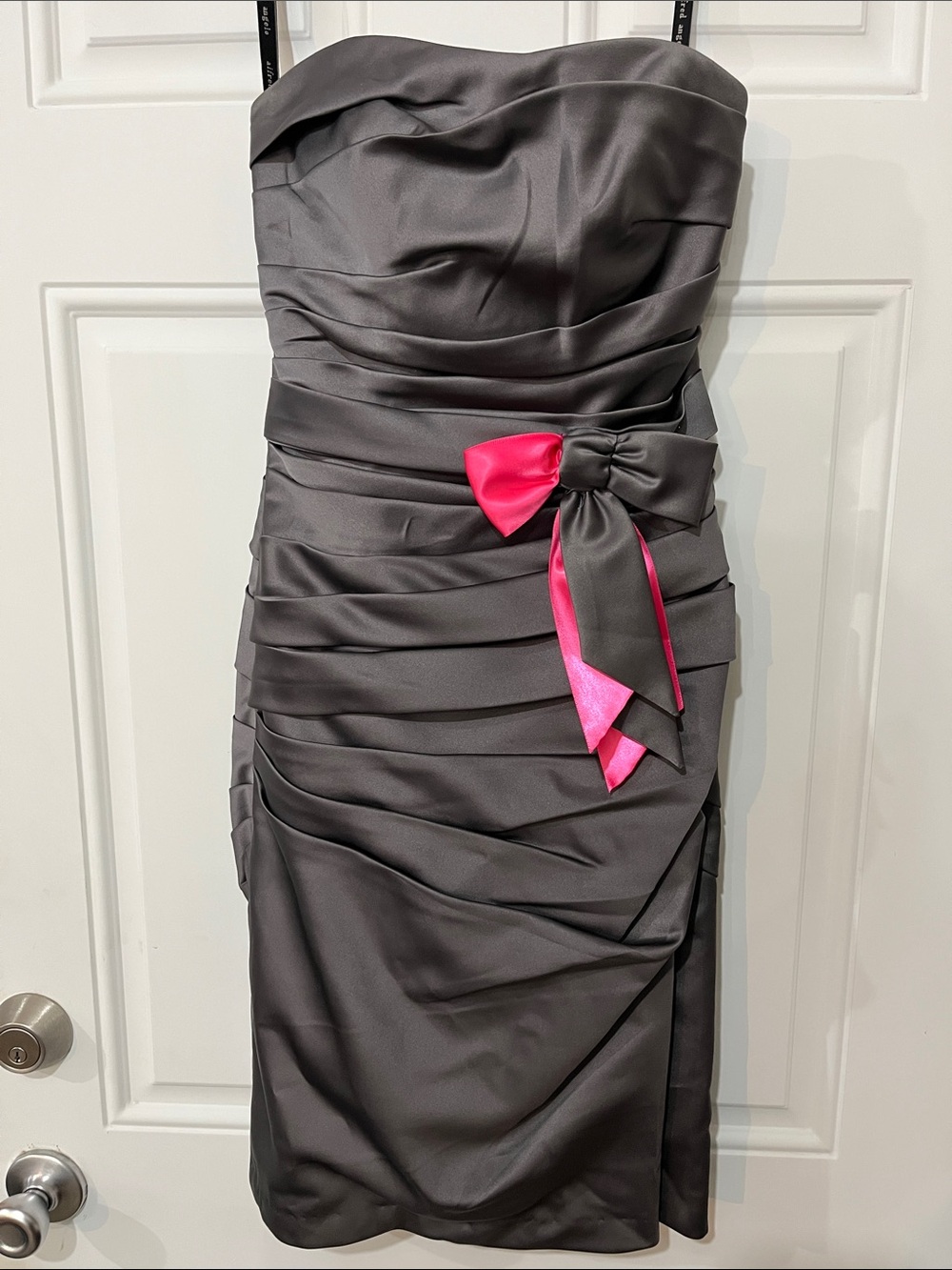 Alfred Angelo Strapless Charcoal Gray Cocktail Dress with Hot Pink Bow